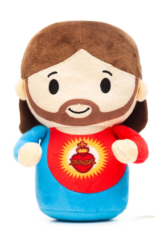 9" plush doll of Jesus with brown hair, beard, blue and red robe, and Sacred Heart symbol on chest