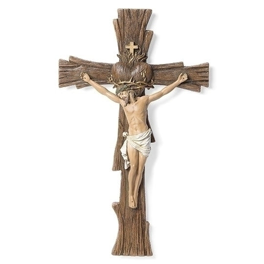 13" Sacred Heart of Jesus wall crucifix with detailed tree-shaped wood cross and hand-painted figure of Christ