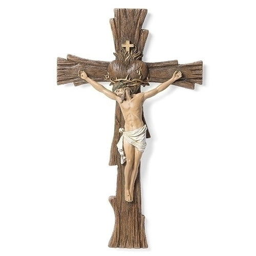 13" Sacred Heart of Jesus wall crucifix with detailed tree-shaped wood cross and hand-painted figure of Christ