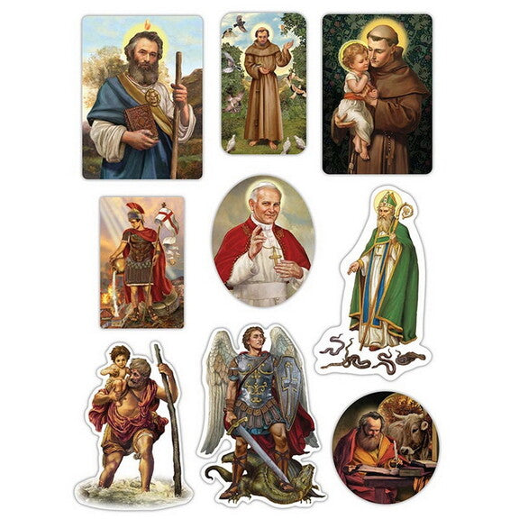 Sheet of colorful Catholic stickers featuring Boy Jesus, saints, angels, and religious figures on white background