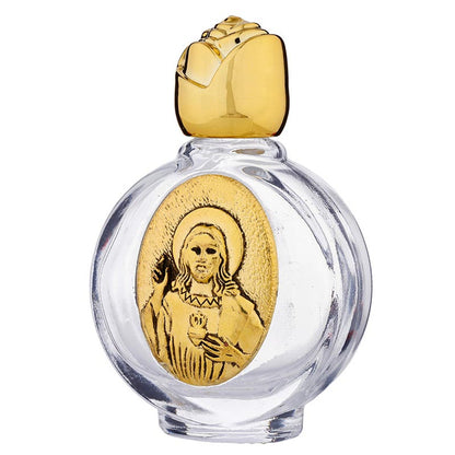 3" Sacred Heart of Jesus holy water glass bottle with gold-tone cap and detailed gold emblem on front