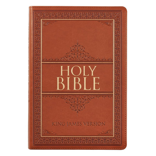 Saddle tan faux leather King James Version Bible with large print, thinline design, thumb index, and heat-debossed border