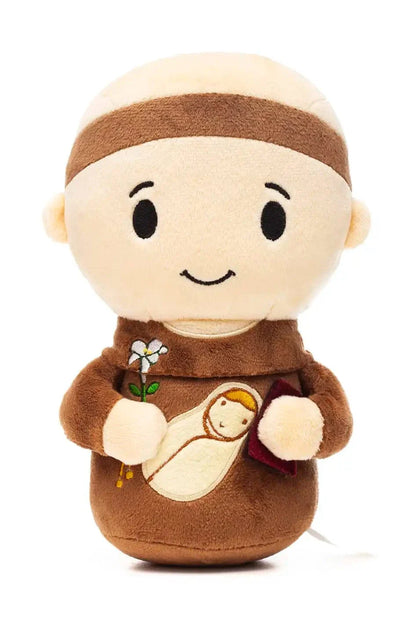 9" Saint Anthony plush doll holding a white flower with embroidered baby Jesus on brown robe
