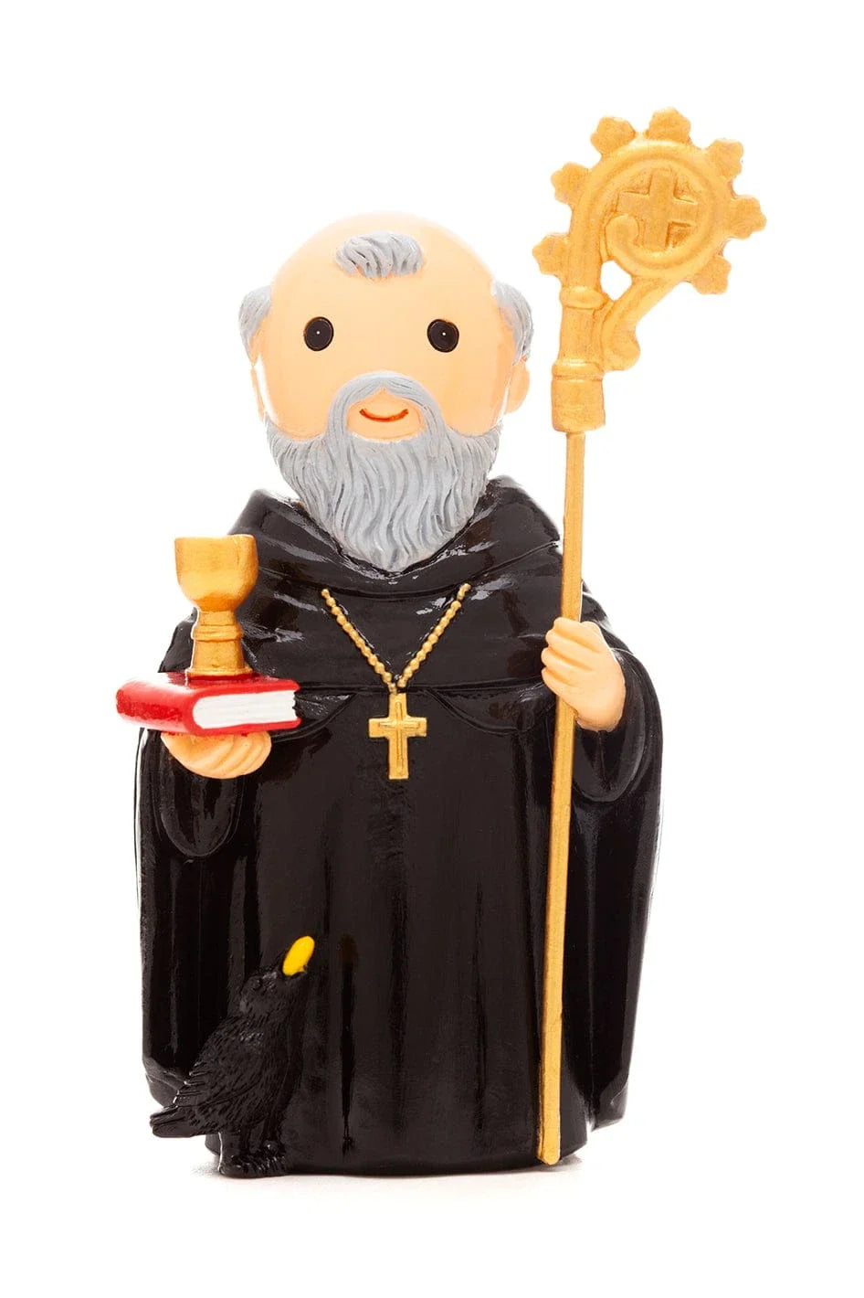 3.5" Saint Benedict collector’s edition figurine in black robe holding gold chalice, book, staff, and crow at feet on white background