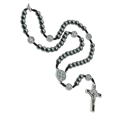 Necklace Saint Benedict Hematite Rosary Necklace  8MM - Unique Catholic Gifts