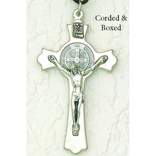 3" Saint Benedict silver tone crucifix with black tone cross, detailed corpus, and silver tone medal, made in Italy