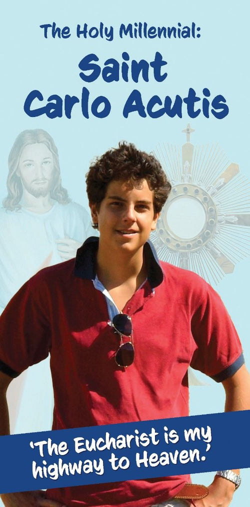 Saint Carlo Acutis pamphlet cover showing young saint with Eucharist monstrance and Jesus figure background