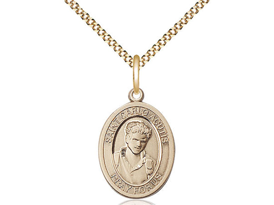 3/4" gold filled Saint Carlo Acutis oval medal pendant on 18" gold-plated curb chain with lobster clasp