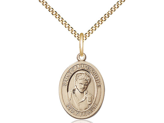 3/4" gold filled Saint Carlo Acutis oval medal pendant on 18" gold-plated curb chain with lobster clasp