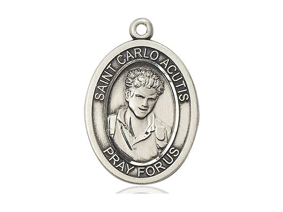 3/4" Saint Carlo Acutis sterling silver oval medal with engraved portrait and "Pray for Us" inscription