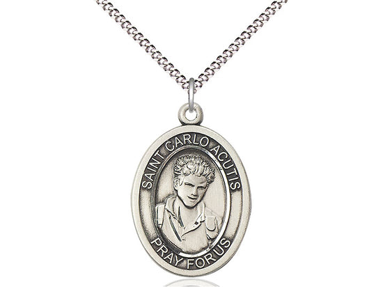 3/4" sterling silver oval Saint Carlo Acutis medal with detailed engraving and 18" gold-plated curb chain necklace