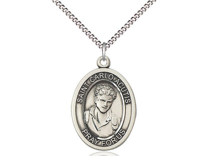 3/4" sterling silver oval Saint Carlo Acutis medal with detailed engraving and 18" gold-plated curb chain necklace
