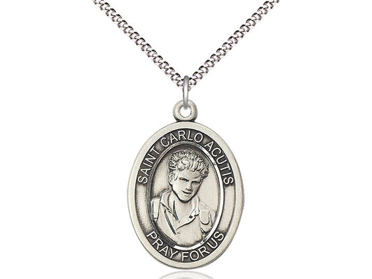 3/4" sterling silver oval Saint Carlo Acutis medal with detailed engraving and 18" gold-plated curb chain necklace