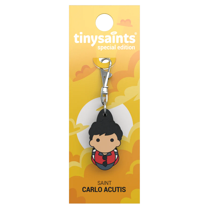 4" Saint Carlo Acutis Tiny Saint keychain with cartoon-style figure and bright yellow special edition backing card