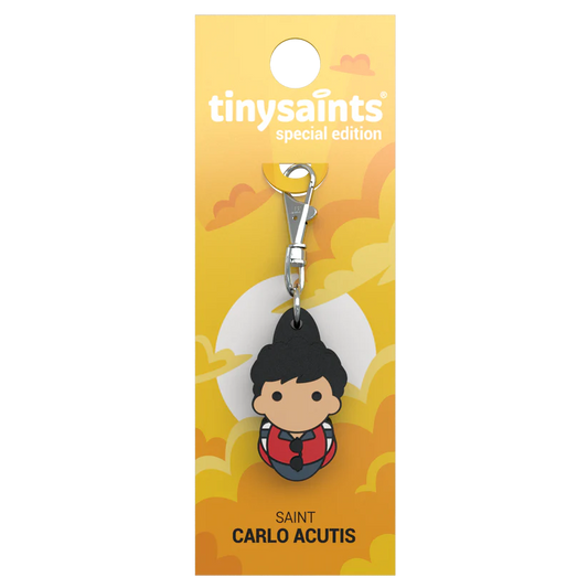 4" Saint Carlo Acutis Tiny Saint keychain with cartoon-style figure and bright yellow special edition backing card