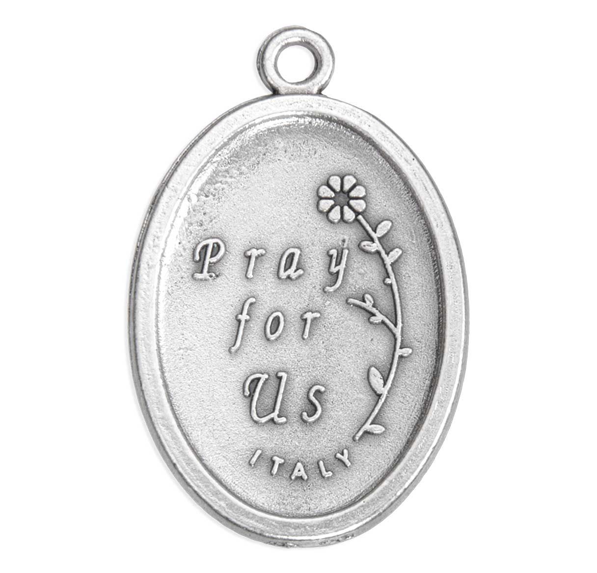 1" Saint Charbel oval oxidized silver medal with "Pray for Us" inscription and floral design, made in Italy