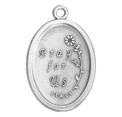 1" Saint Charbel oval oxidized silver medal with "Pray for Us" inscription and floral design, made in Italy