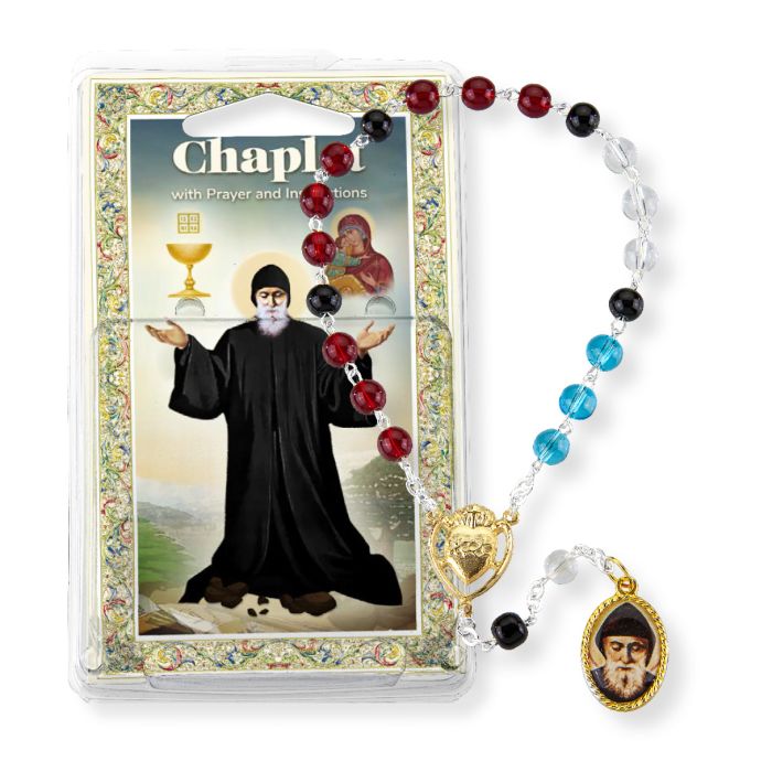 8" Saint Charbel chaplet with 6mm multi-colored glass beads, gold heart centerpiece, and St. Charbel medal on chain