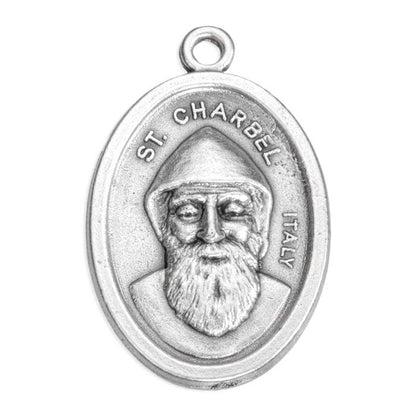 1" Saint Charbel oval oxidized silver medal with detailed portrait and Italy inscription, crafted in antique style