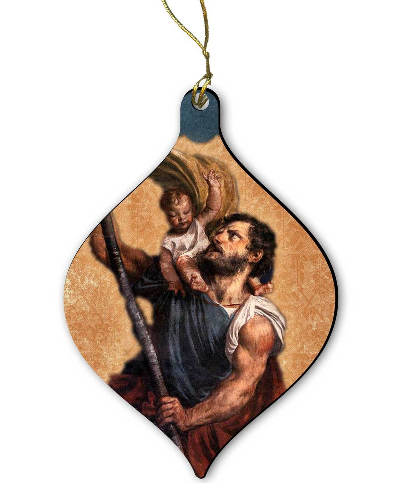 Saint Christopher wood ornament with smooth finish, 2 3/4 inches, pre-tied gold satin hanging ribbon