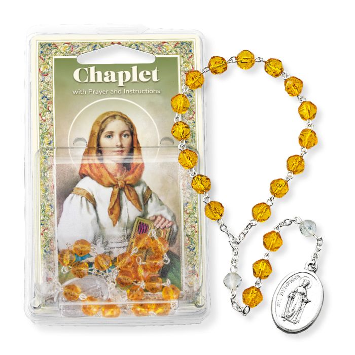 7" Saint Dymphna Chaplet with 6mm topaz faceted beads, silver oxidized medal, prayer card, and instructions packet