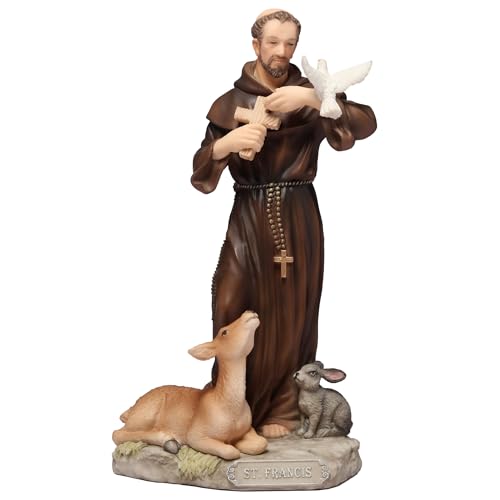 6 3/8" Saint Francis statue in brown robe with rosary beads, holding a cross, surrounded by deer, rabbit, and dove on base