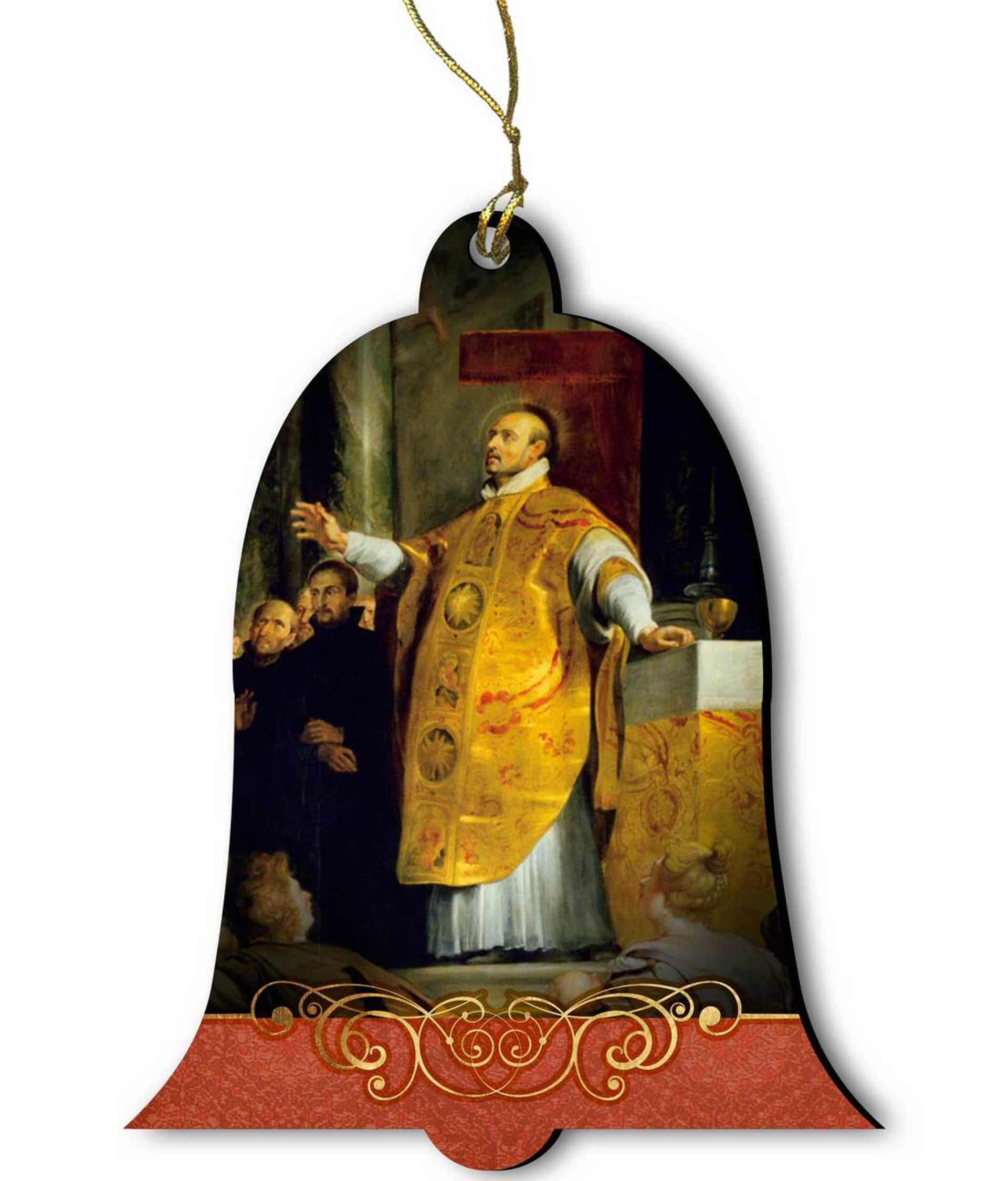 Saint Ignatius of Loyola wood ornament with glossy finish, bell shape, pre-tied gold ribbon, 2 3/4 inches tall