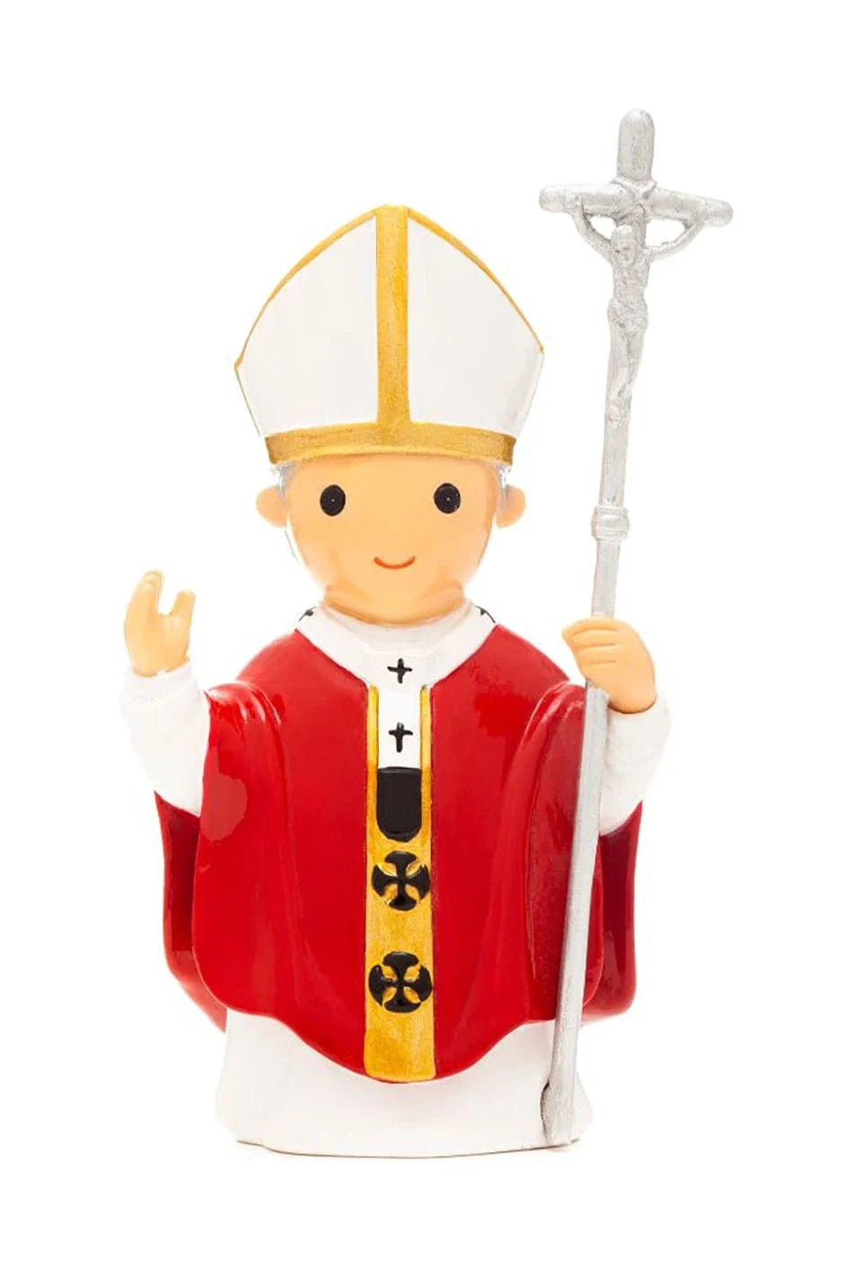 3.5" Saint John Paul II collector’s edition figurine in red and white robes holding silver cross staff on white background