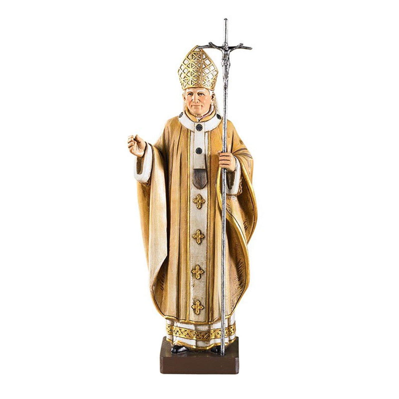 9.25" Saint Pope John Paul II statue with detailed wood-carved style, gold accents, and pastoral staff cross design