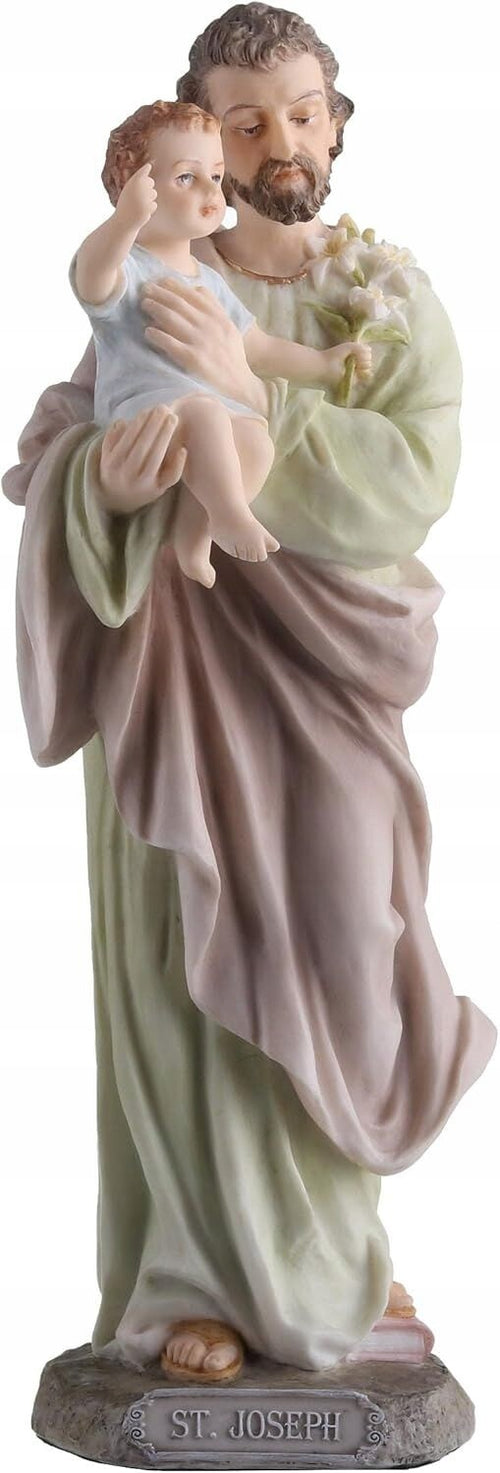8 3/8" hand-painted polyresin statue of St. Joseph holding Baby Jesus with white lilies and flowing robes