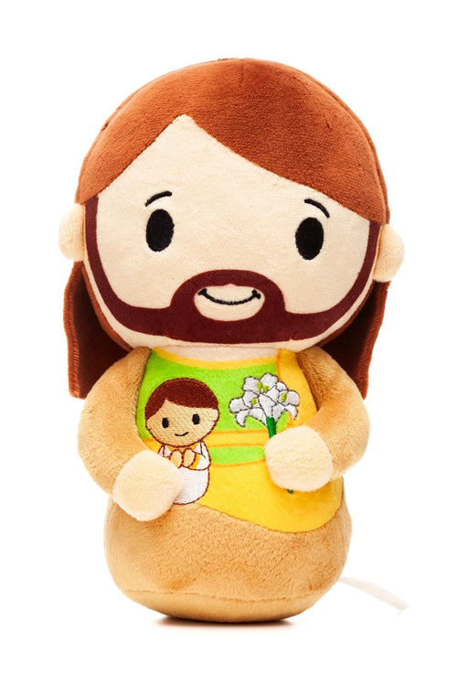 9" plush Saint Joseph doll holding white lilies with embroidered child image on yellow and green robe
