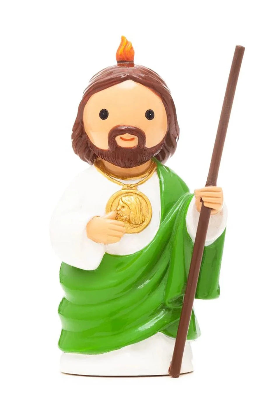 3.5" Saint Jude collector’s edition figurine with green robe, gold medallion, staff, and flame above head on white background