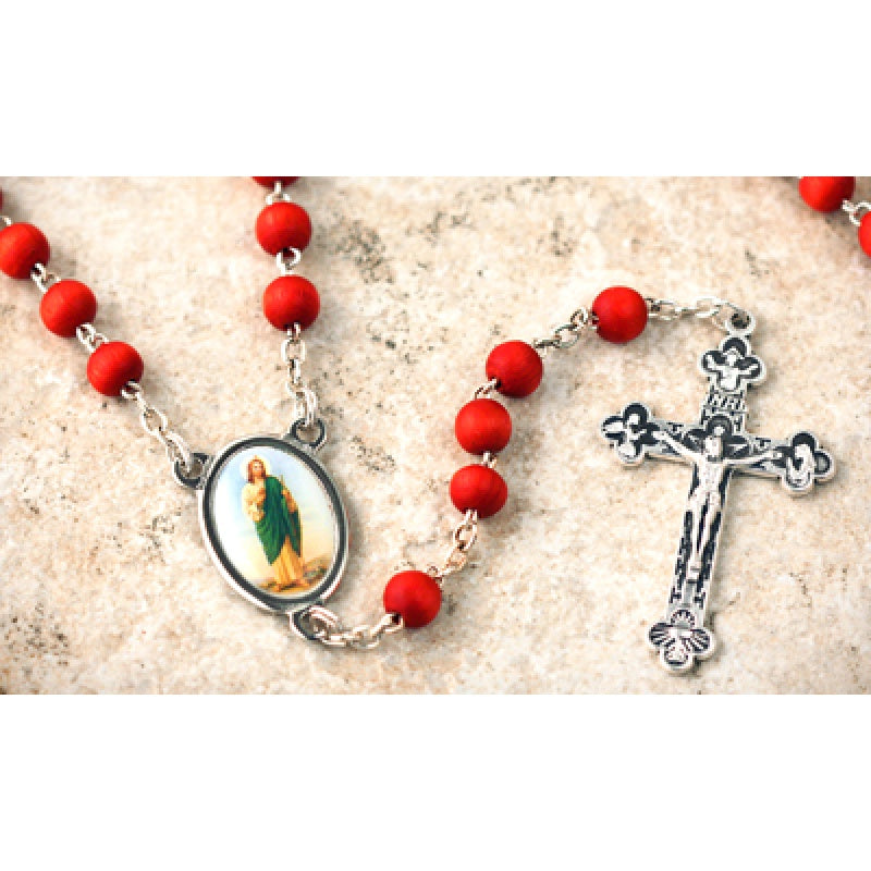 St. Jude rose scented rosary with red beads, detailed crucifix, and centerpiece medallion featuring St. Jude image.