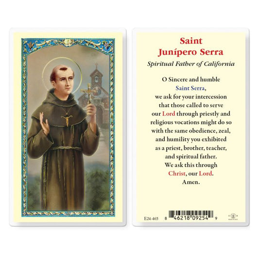2.5" x 4.5" Saint Junipero Serra holy card by Fratelli Bonella with prayer and detailed saint image framed in blue and gold accents