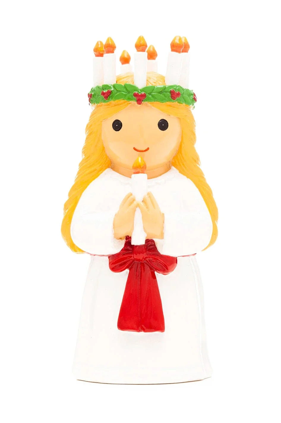 3.5" Saint Lucy figurine with white robe, red bow, green candle crown, and lit candle in hands on white background