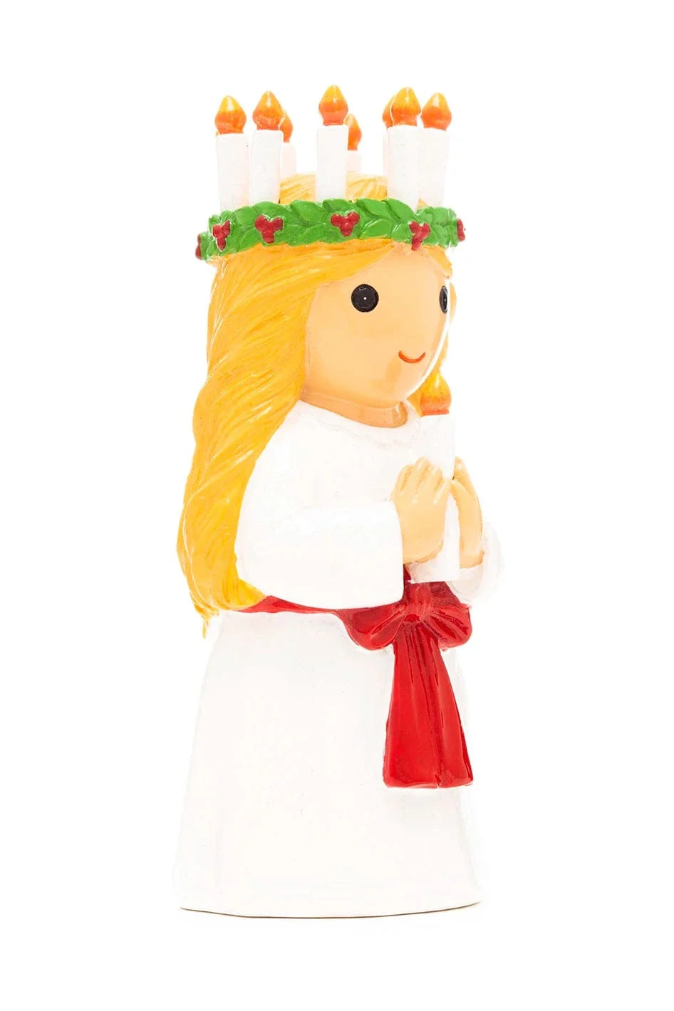 3.5" Saint Lucy collector's edition figurine with golden hair, white robe, red sash, and candle crown on white background