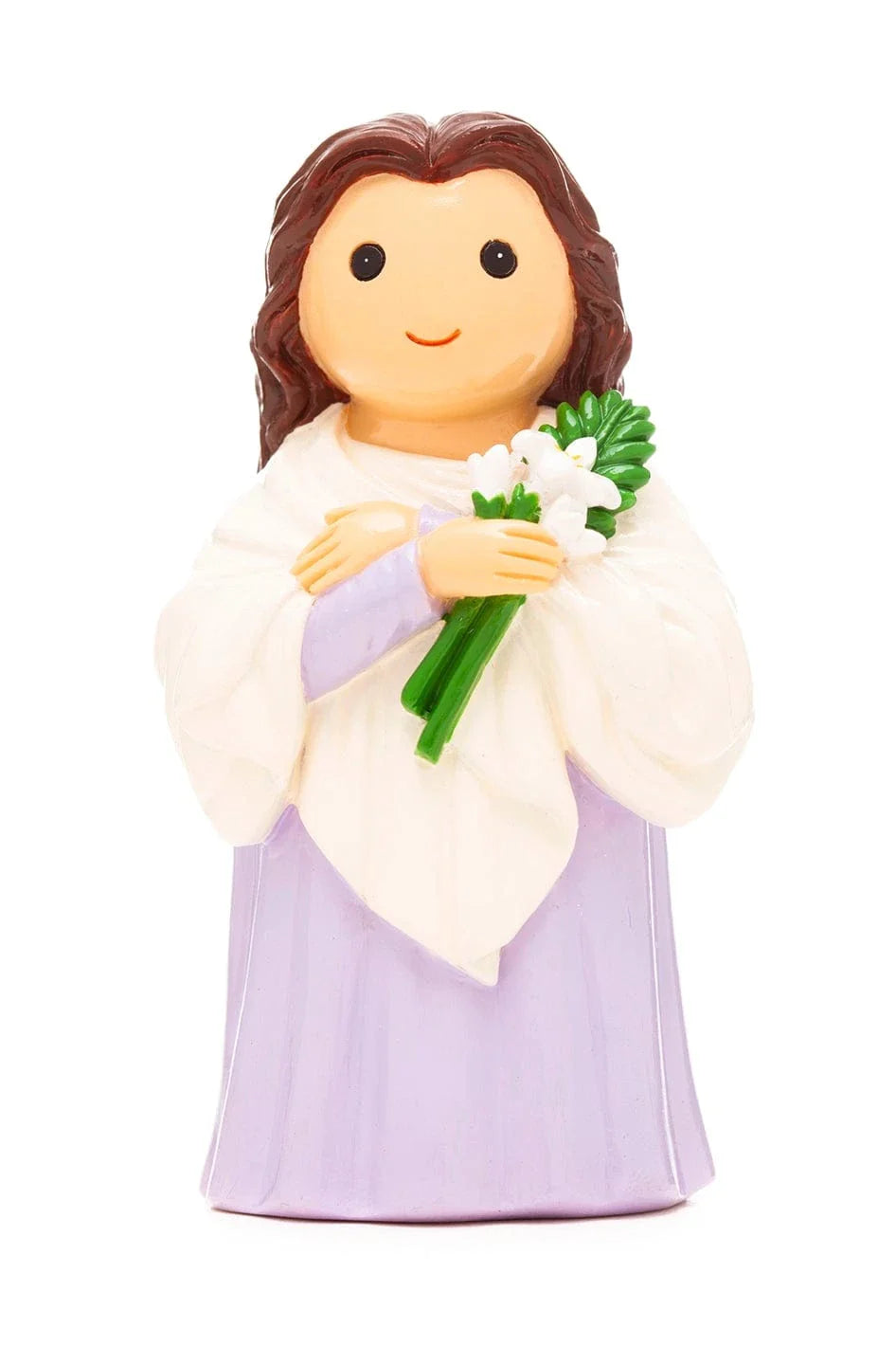 3.5" Saint Maria Goretti collector’s edition figurine holding white lilies dressed in white and lavender robes