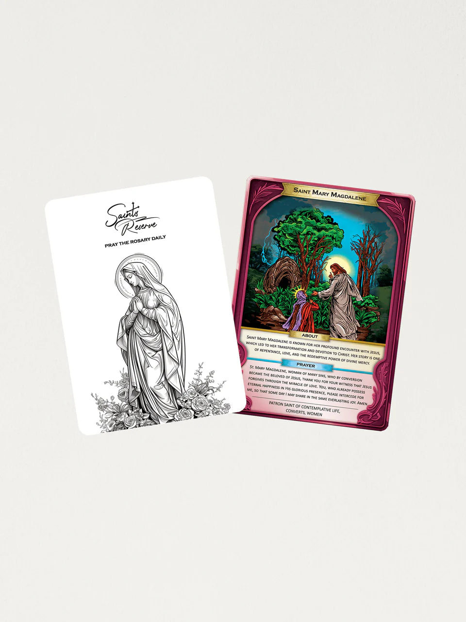 Saint Mary Magdalene holographic prayer card with colorful illustrated scene and black-and-white saint sketch back