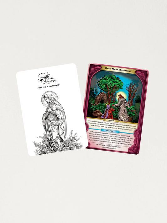 Saint Mary Magdalene holographic prayer card with colorful illustrated scene and black-and-white saint sketch back