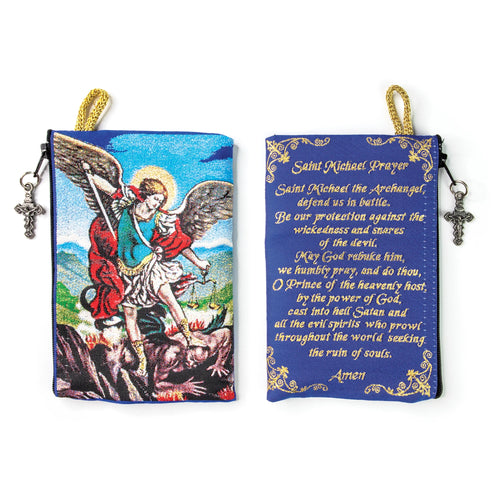 4" x 6" woven tapestry rosary pouch with Saint Michael image, prayer text, zipper, and metal cross charm