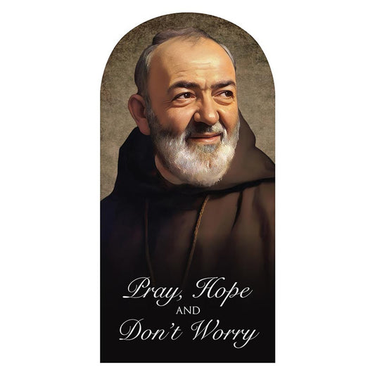 10" arched plaque of Saint Padre Pio with gentle smile and prayerful inscription on dark background