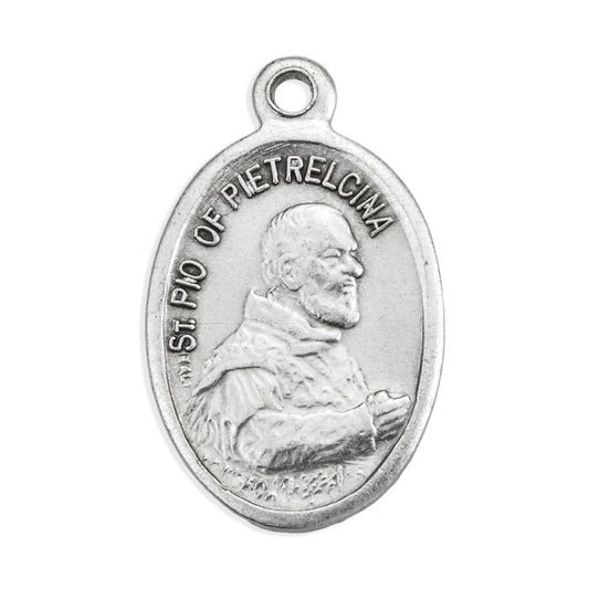 1" Saint Padre Pio of Pietrelcina oval oxidized silver medal with detailed raised profile, made in Italy