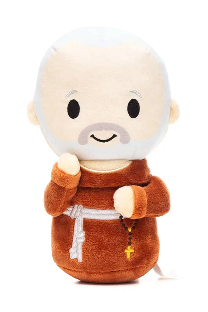 Saint Padre Pio plush doll 9 inch with brown robe, white beard, and small rosary cross accessory