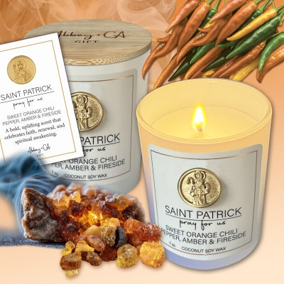 Saint Patrick Scented Prayer Candle - Sweet Orange Chili Pepper & Amber & Fireside