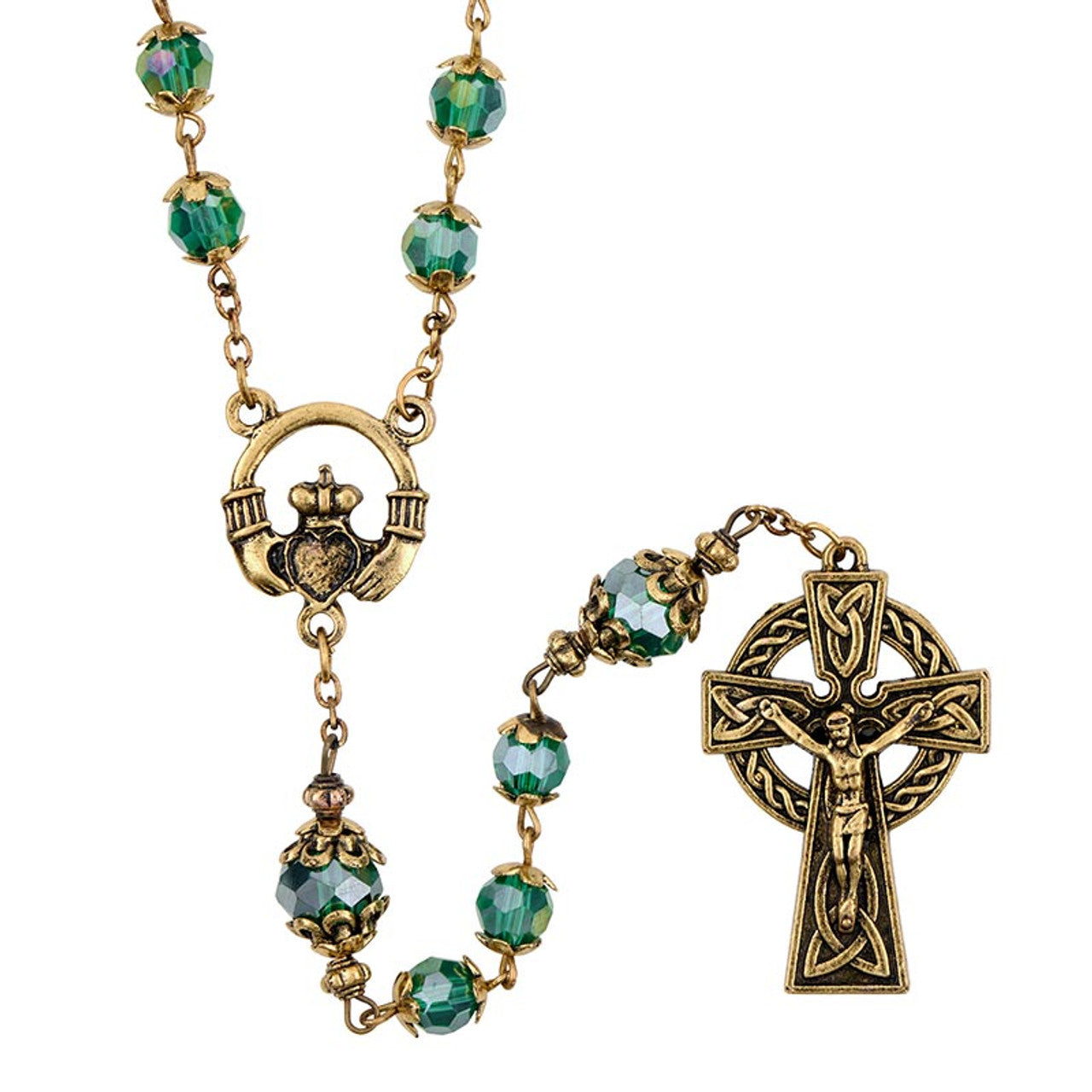 Saint Patricks rosary with emerald Aurora Borealis crystal beads, Claddagh centerpiece, and Celtic crucifix with detailed design