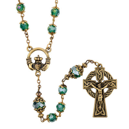 Saint Patricks rosary with emerald Aurora Borealis crystal beads, Claddagh centerpiece, and Celtic crucifix with detailed design