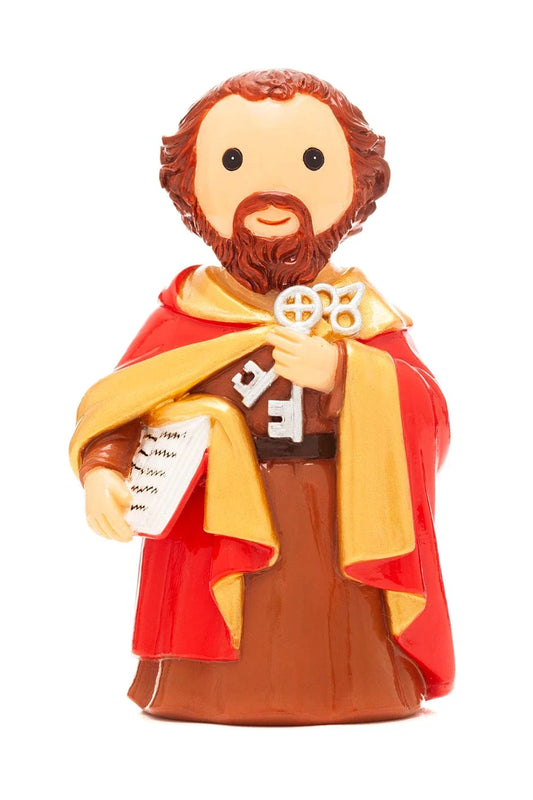 3.5" Saint Peter collectors edition figurine holding keys and a scroll with red and gold cloak on white background
