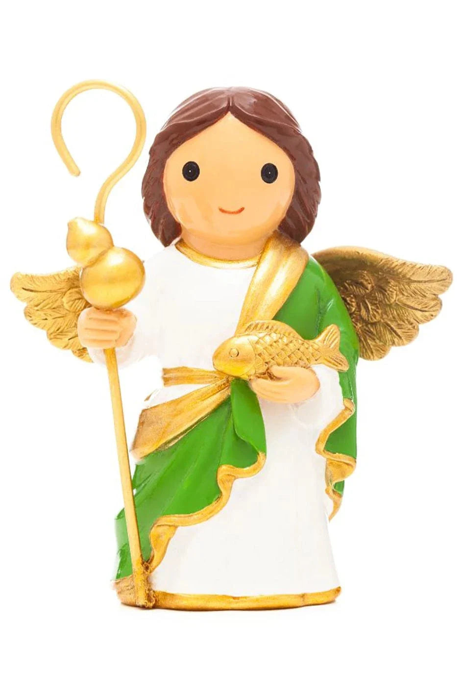 3.5" Saint Raphael collector's edition figurine with golden wings, staff, and fish in white and green robe