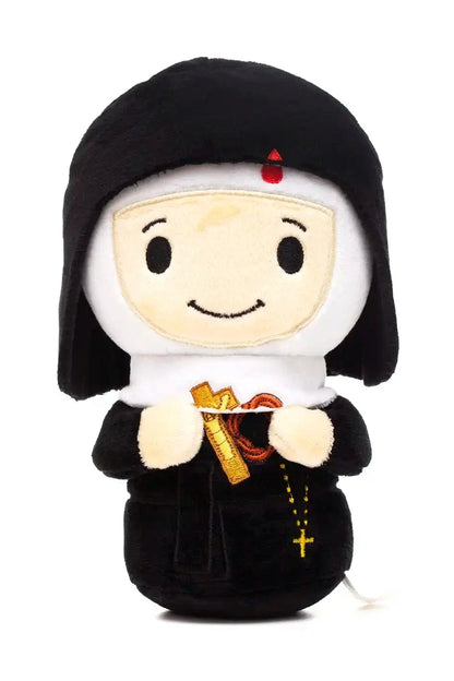 Saint Rita plush doll in black habit holding cross and rosary with smiling embroidered face on white background