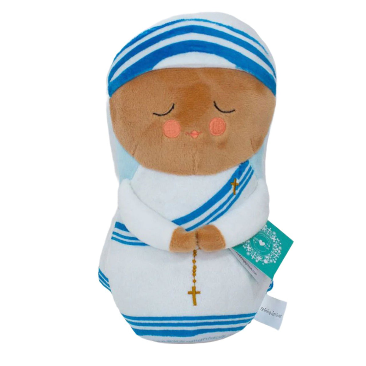 Saint Teresa of Calcutta plush doll 10 inches with blue-striped habit and praying hands holding rosary cross.